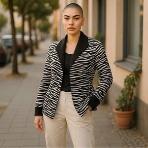 Scott Taylor open front jacket PL white & black Zebra Print long sleeves EUC